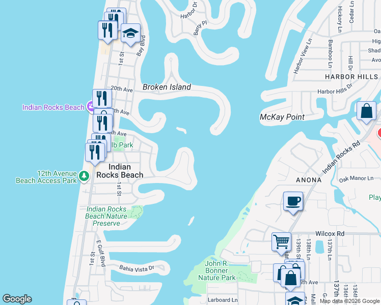 map of restaurants, bars, coffee shops, grocery stores, and more near 385 12th Avenue in Indian Rocks Beach