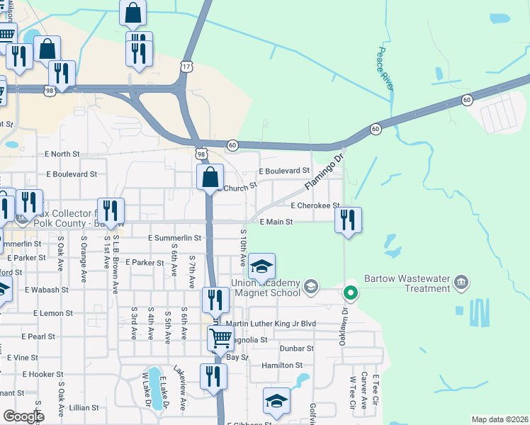 map of restaurants, bars, coffee shops, grocery stores, and more near 1925 Flamingo Drive in Bartow