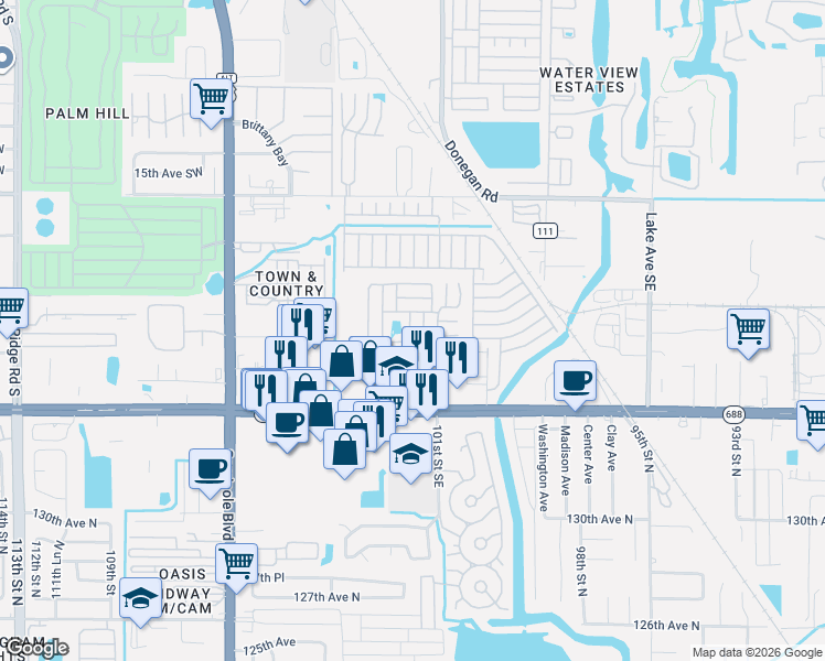 map of restaurants, bars, coffee shops, grocery stores, and more near Sugar Mill Lane in Largo