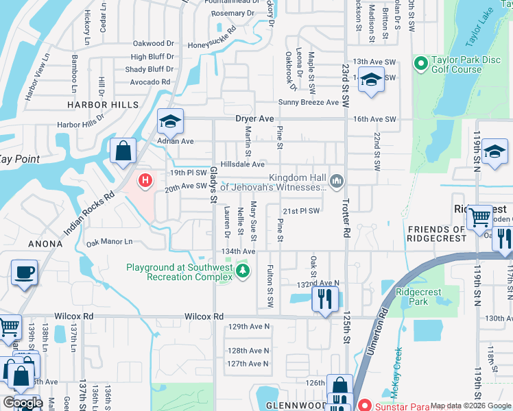 map of restaurants, bars, coffee shops, grocery stores, and more near 2117 Mary Sue Street in Largo