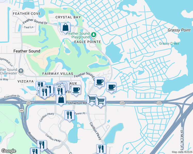 map of restaurants, bars, coffee shops, grocery stores, and more near 13740 Eagles Walk Drive in Clearwater