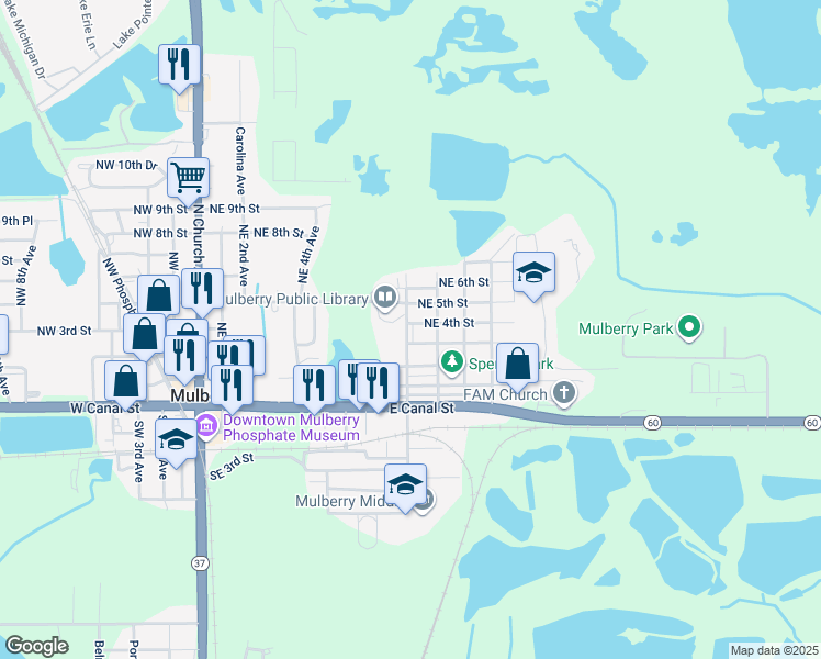 map of restaurants, bars, coffee shops, grocery stores, and more near 1001 Northeast 4th Street in Mulberry