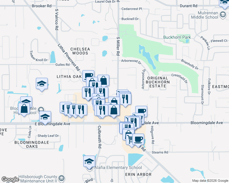 map of restaurants, bars, coffee shops, grocery stores, and more near 2237 Lithia Center Lane in Valrico