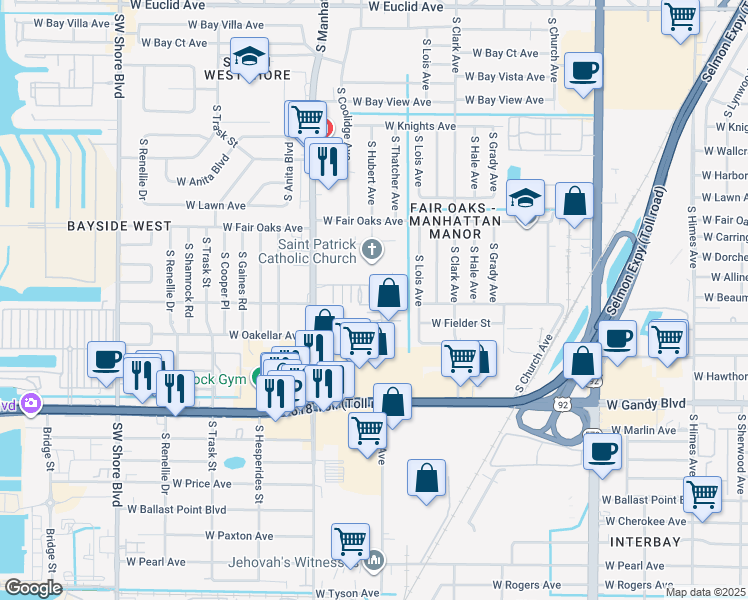 map of restaurants, bars, coffee shops, grocery stores, and more near 4335 Aegean Drive in Tampa