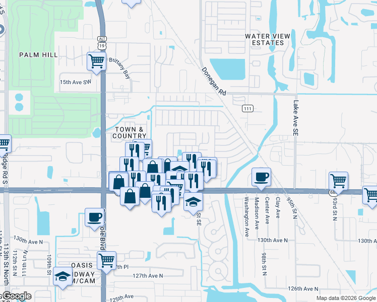 map of restaurants, bars, coffee shops, grocery stores, and more near Sugar Mill Lane in Largo