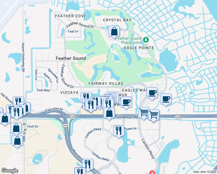 map of restaurants, bars, coffee shops, grocery stores, and more near 13536 Feather Sound Drive in Clearwater