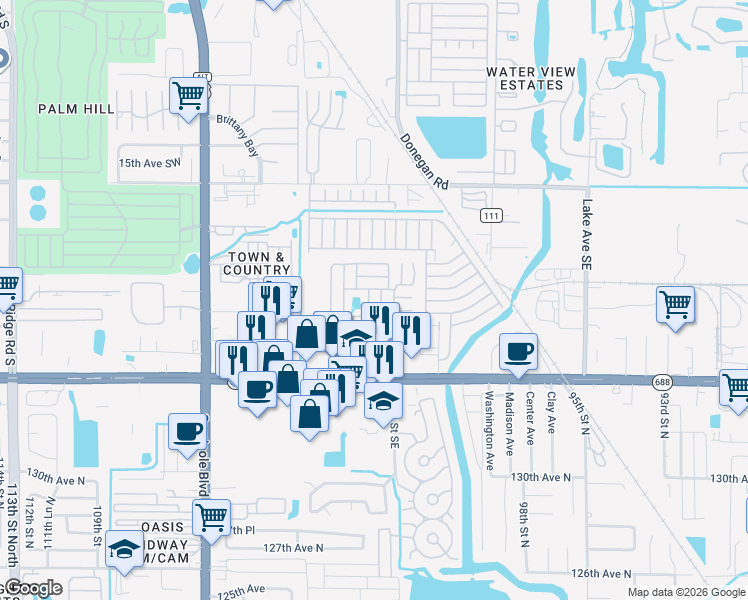 map of restaurants, bars, coffee shops, grocery stores, and more near Sugar Mill Lane in Largo
