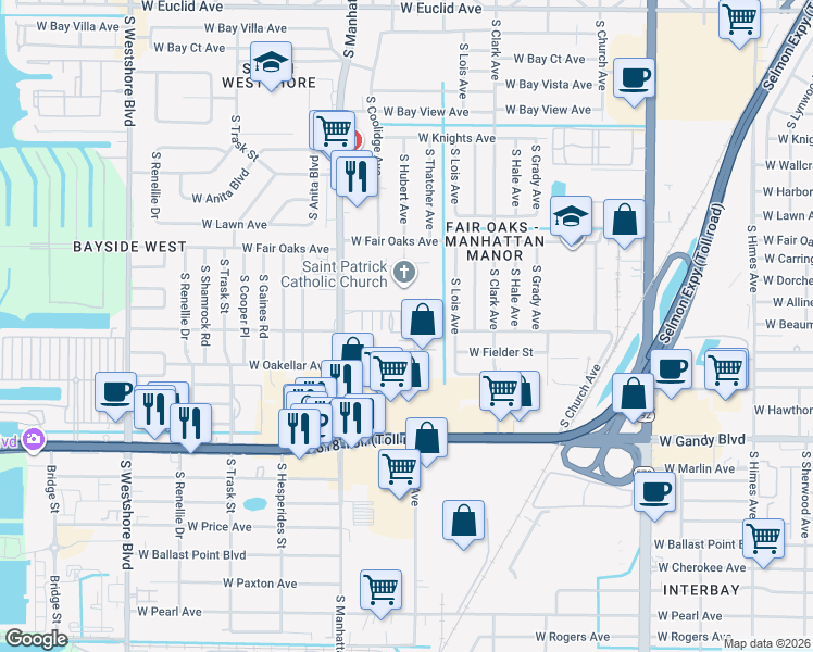 map of restaurants, bars, coffee shops, grocery stores, and more near 4335 Aegean Drive in Tampa