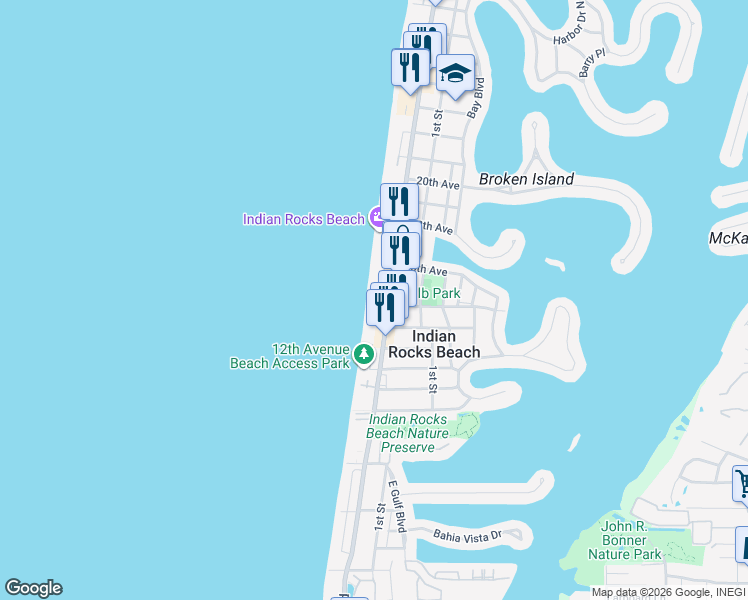 map of restaurants, bars, coffee shops, grocery stores, and more near 1 15th Avenue in Indian Rocks Beach