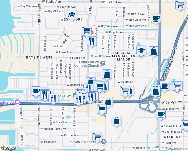 map of restaurants, bars, coffee shops, grocery stores, and more near 4335 Aegean Drive in Tampa