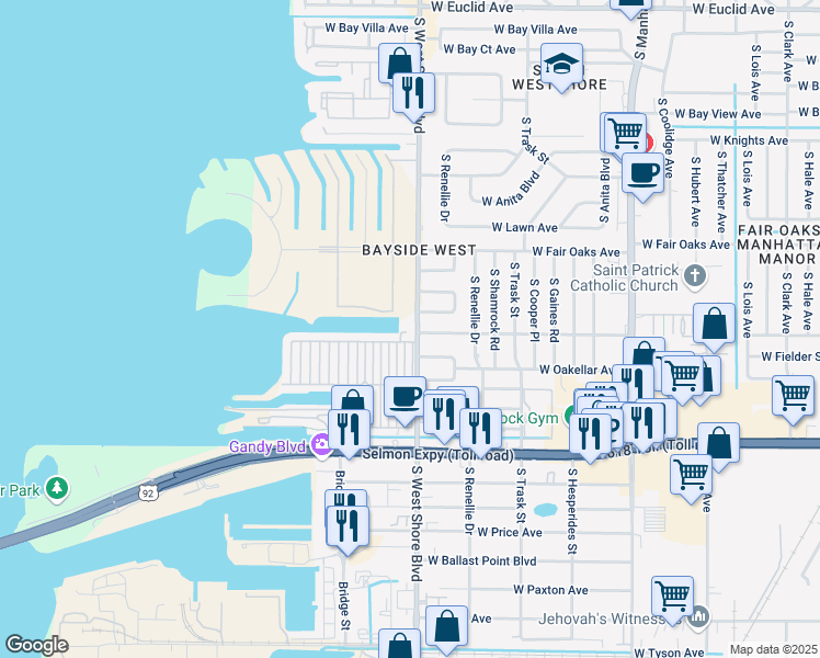 map of restaurants, bars, coffee shops, grocery stores, and more near 34 1st Boulevard in Tampa