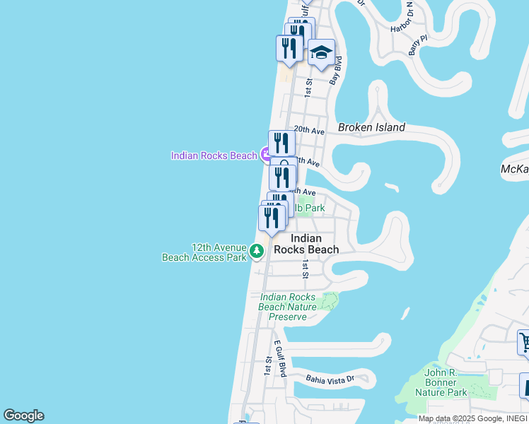 map of restaurants, bars, coffee shops, grocery stores, and more near 1 15th Avenue in Indian Rocks Beach