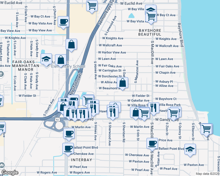 map of restaurants, bars, coffee shops, grocery stores, and more near 3399 West Beaumont Street in Tampa