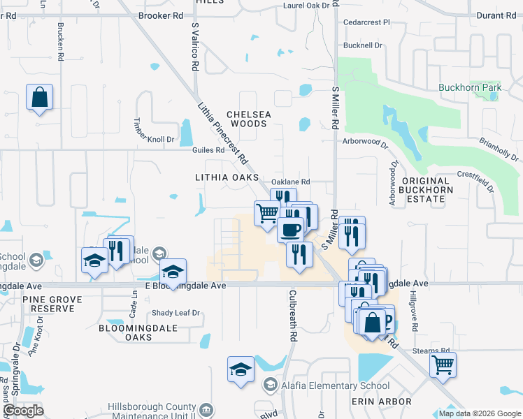 map of restaurants, bars, coffee shops, grocery stores, and more near 3020 Wister Circle in Valrico