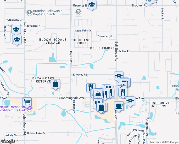 map of restaurants, bars, coffee shops, grocery stores, and more near 801 Knowles Road in Brandon