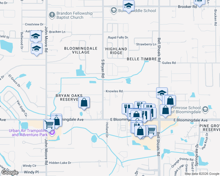 map of restaurants, bars, coffee shops, grocery stores, and more near 607 Knowles Road in Brandon