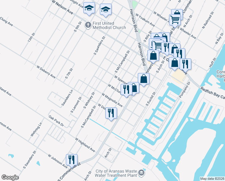 map of restaurants, bars, coffee shops, grocery stores, and more near 838 South Rife Street in Aransas Pass