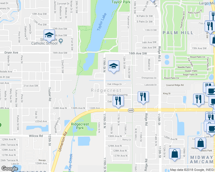 map of restaurants, bars, coffee shops, grocery stores, and more near 1570 Oak Village Drive in Largo