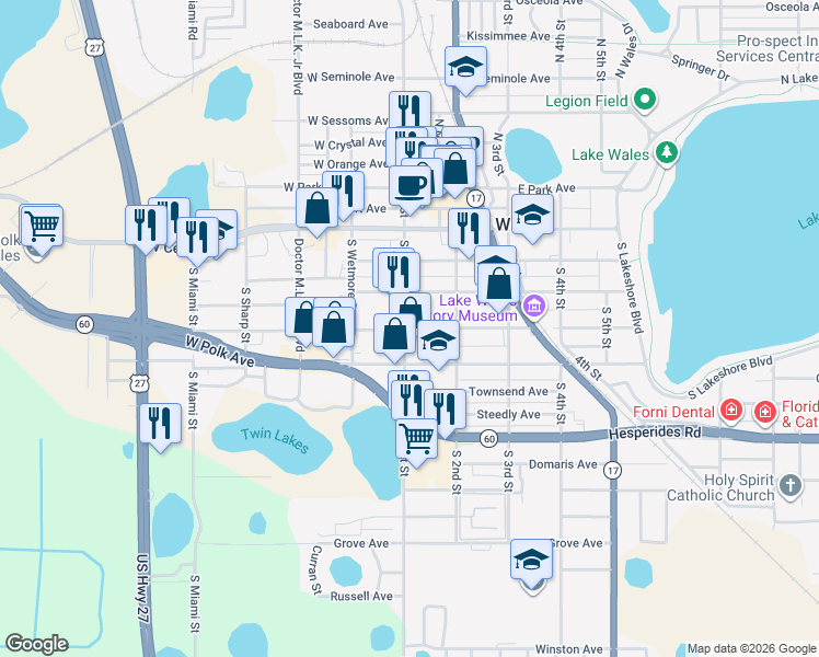 map of restaurants, bars, coffee shops, grocery stores, and more near 203 South 1st Street in Lake Wales