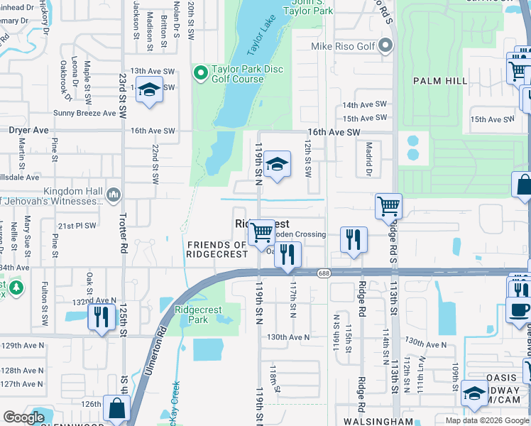 map of restaurants, bars, coffee shops, grocery stores, and more near 1583 Oak Village Drive in Largo