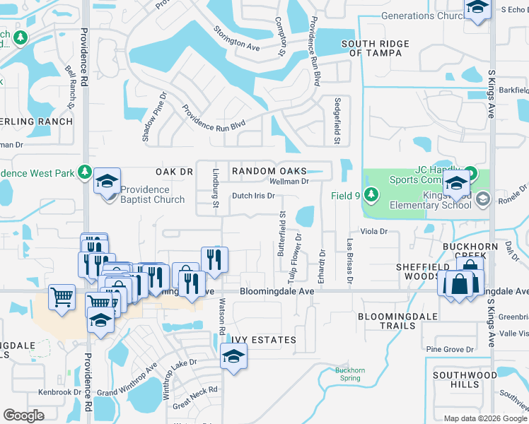 map of restaurants, bars, coffee shops, grocery stores, and more near 11428 Blue Lilac Avenue in Riverview