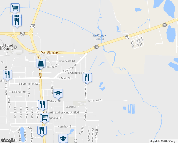 map of restaurants, bars, coffee shops, grocery stores, and more near 220 Idlewood Avenue in Bartow