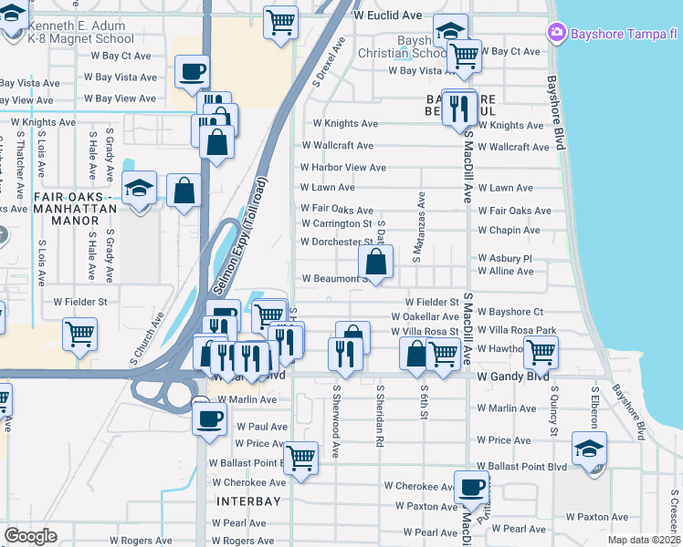 map of restaurants, bars, coffee shops, grocery stores, and more near 3316 West Alline Avenue in Tampa