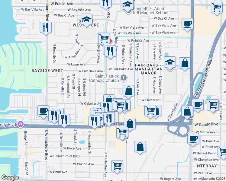 map of restaurants, bars, coffee shops, grocery stores, and more near in Tampa