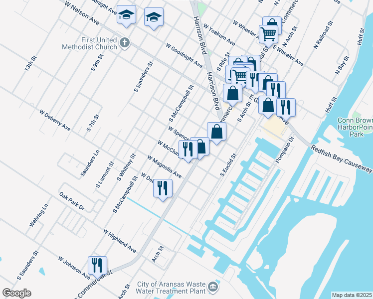 map of restaurants, bars, coffee shops, grocery stores, and more near 802 South Houston Street in Aransas Pass