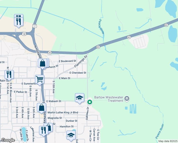 map of restaurants, bars, coffee shops, grocery stores, and more near 220 Idlewood Avenue in Bartow