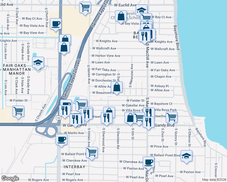 map of restaurants, bars, coffee shops, grocery stores, and more near 3305 West Alline Avenue in Tampa