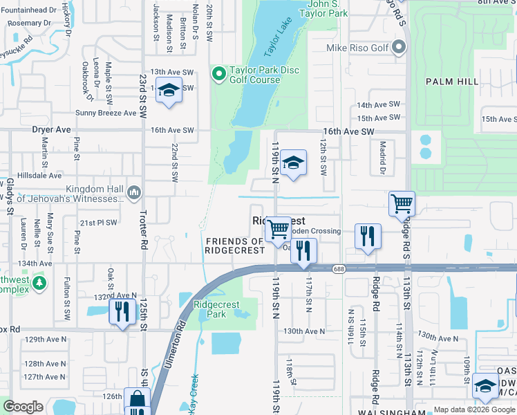 map of restaurants, bars, coffee shops, grocery stores, and more near 12019 137th Avenue in Largo