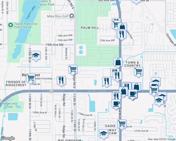 map of restaurants, bars, coffee shops, grocery stores, and more near 2131 Ridge Road South in Largo