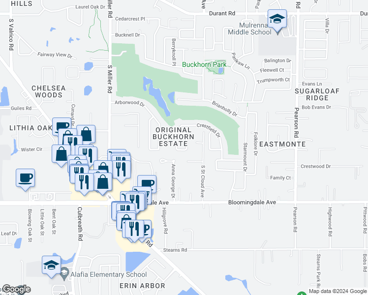 map of restaurants, bars, coffee shops, grocery stores, and more near 2528 Brimhollow Drive in Valrico