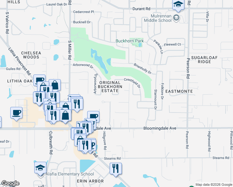map of restaurants, bars, coffee shops, grocery stores, and more near 2538 Brimhollow Drive in Valrico