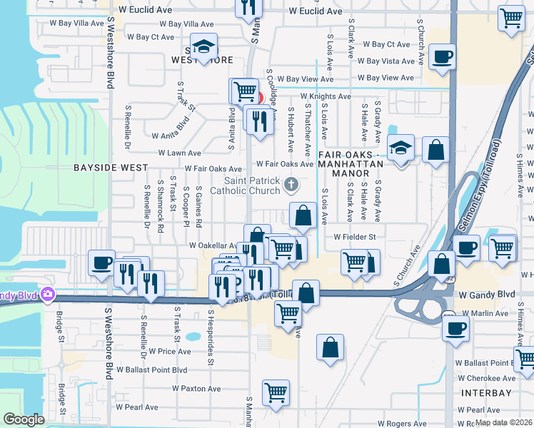 map of restaurants, bars, coffee shops, grocery stores, and more near in Tampa