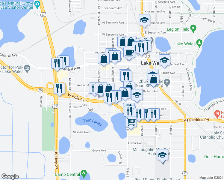 map of restaurants, bars, coffee shops, grocery stores, and more near 100 West Bullard Avenue in Lake Wales