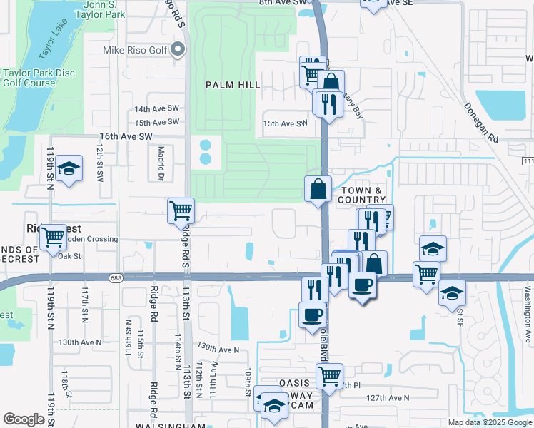 map of restaurants, bars, coffee shops, grocery stores, and more near 2131 Ridge Road South in Largo