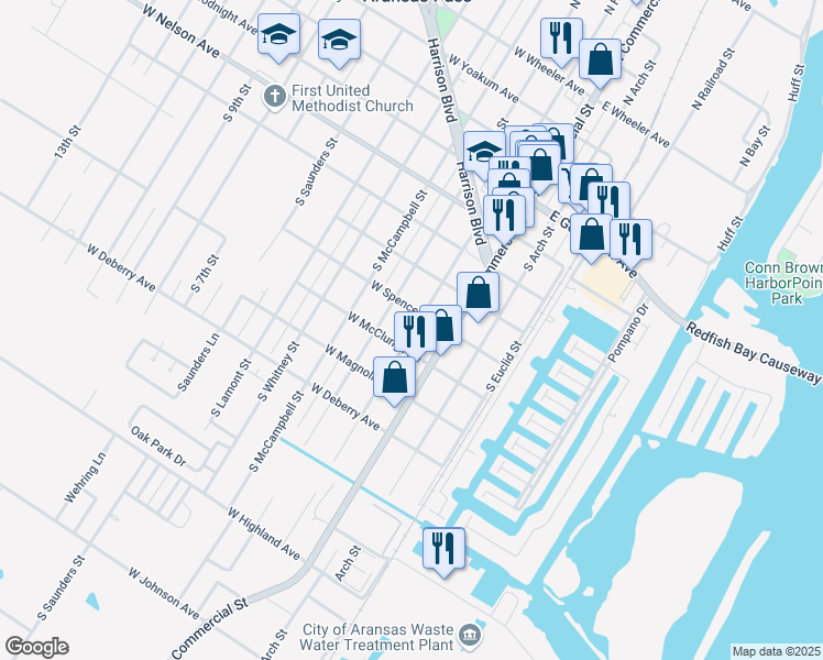 map of restaurants, bars, coffee shops, grocery stores, and more near 802 South Houston Street in Aransas Pass