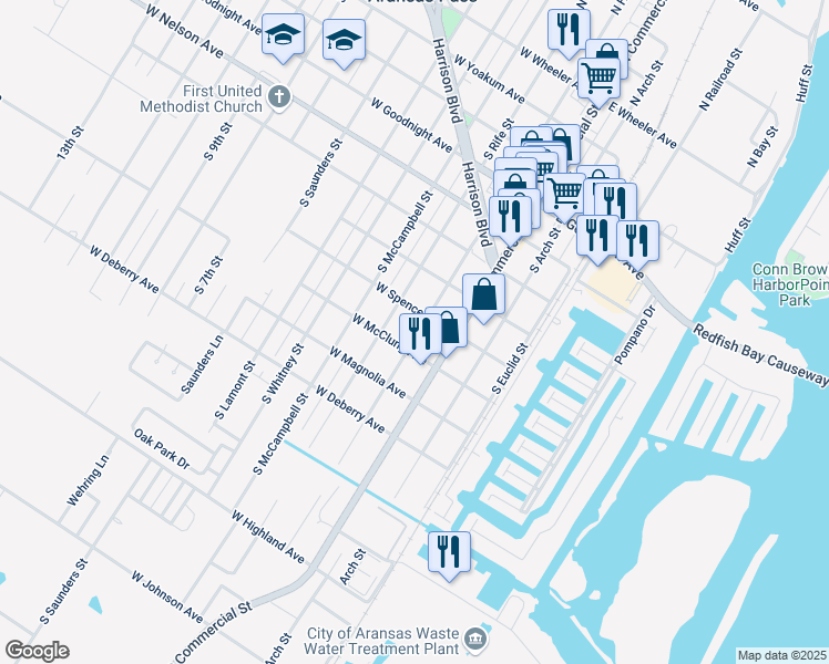 map of restaurants, bars, coffee shops, grocery stores, and more near 802 South Houston Street in Aransas Pass