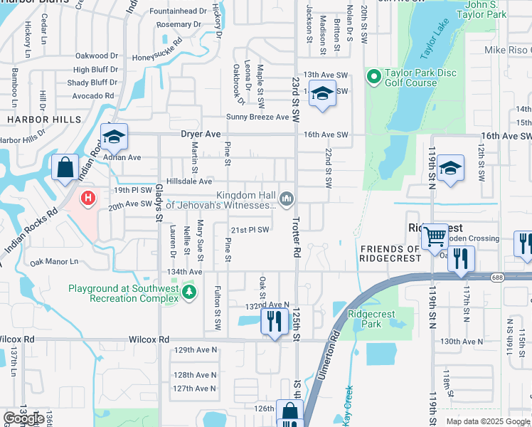 map of restaurants, bars, coffee shops, grocery stores, and more near 2527 21st Avenue Southwest in Largo