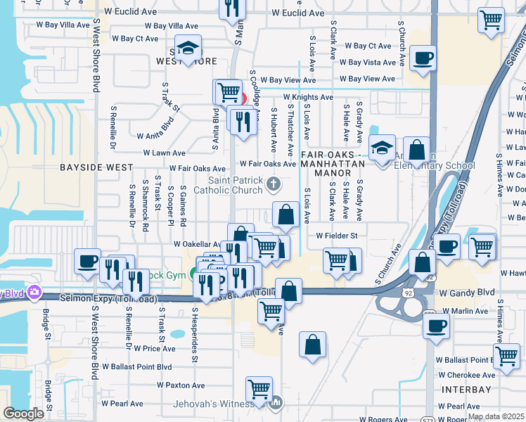 map of restaurants, bars, coffee shops, grocery stores, and more near 4501 La Carmen Court in Tampa