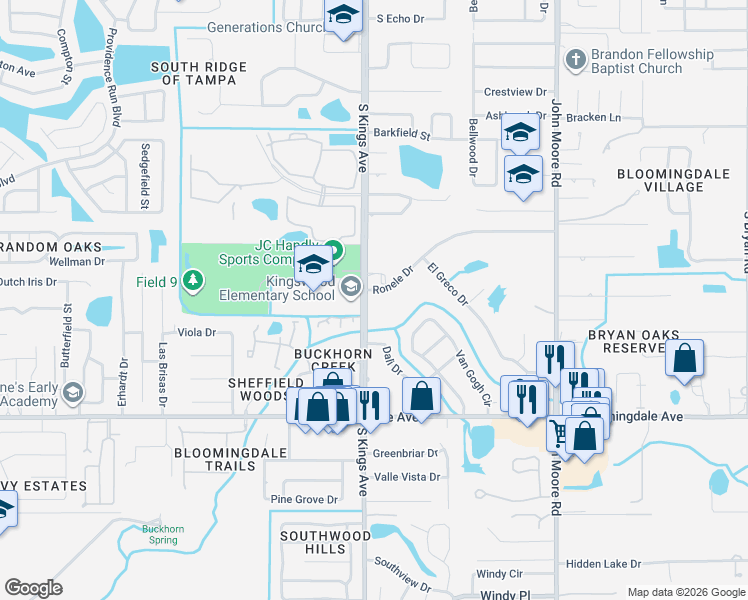 map of restaurants, bars, coffee shops, grocery stores, and more near 605 Ronele Drive in Brandon