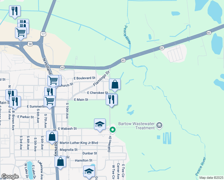 map of restaurants, bars, coffee shops, grocery stores, and more near 220 Idlewood Avenue in Bartow
