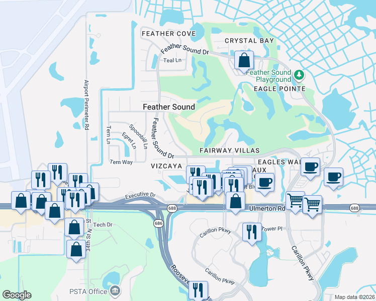 map of restaurants, bars, coffee shops, grocery stores, and more near 13827 Whisperwood Drive in Clearwater