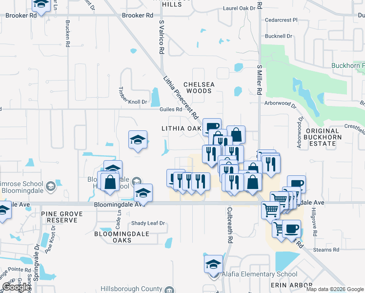 map of restaurants, bars, coffee shops, grocery stores, and more near 2103 Doefield Court in Valrico