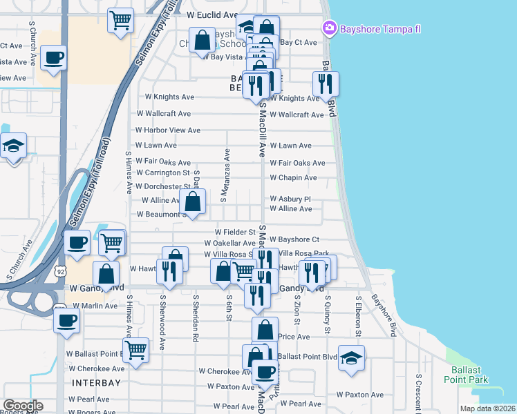map of restaurants, bars, coffee shops, grocery stores, and more near 3037 West Asbury Place in Tampa