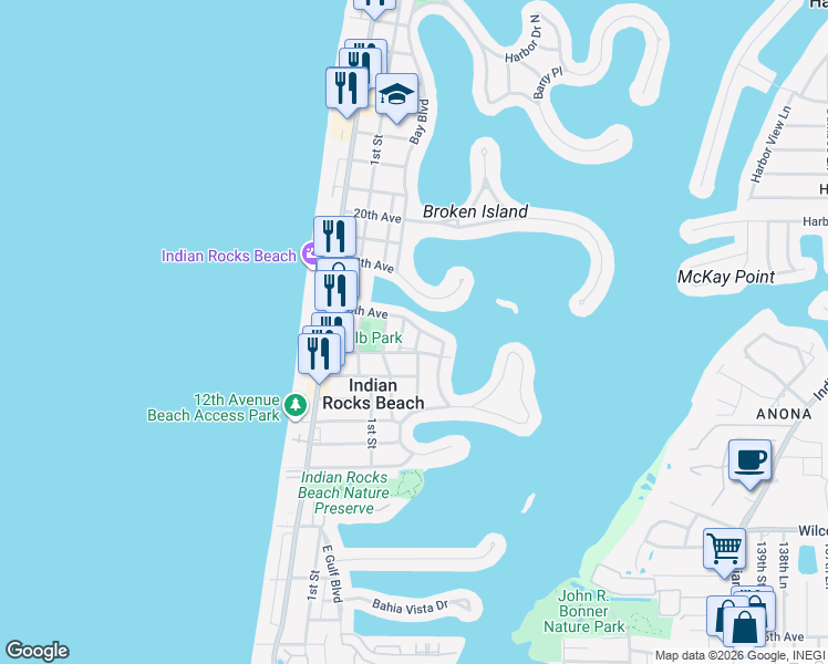 map of restaurants, bars, coffee shops, grocery stores, and more near 312 16th Avenue in Indian Rocks Beach