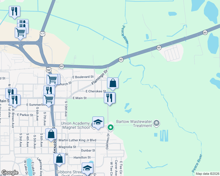 map of restaurants, bars, coffee shops, grocery stores, and more near 220 Idlewood Avenue in Bartow