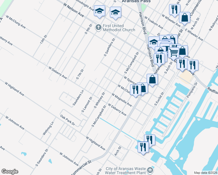 map of restaurants, bars, coffee shops, grocery stores, and more near 940 South Whitney Street in Aransas Pass